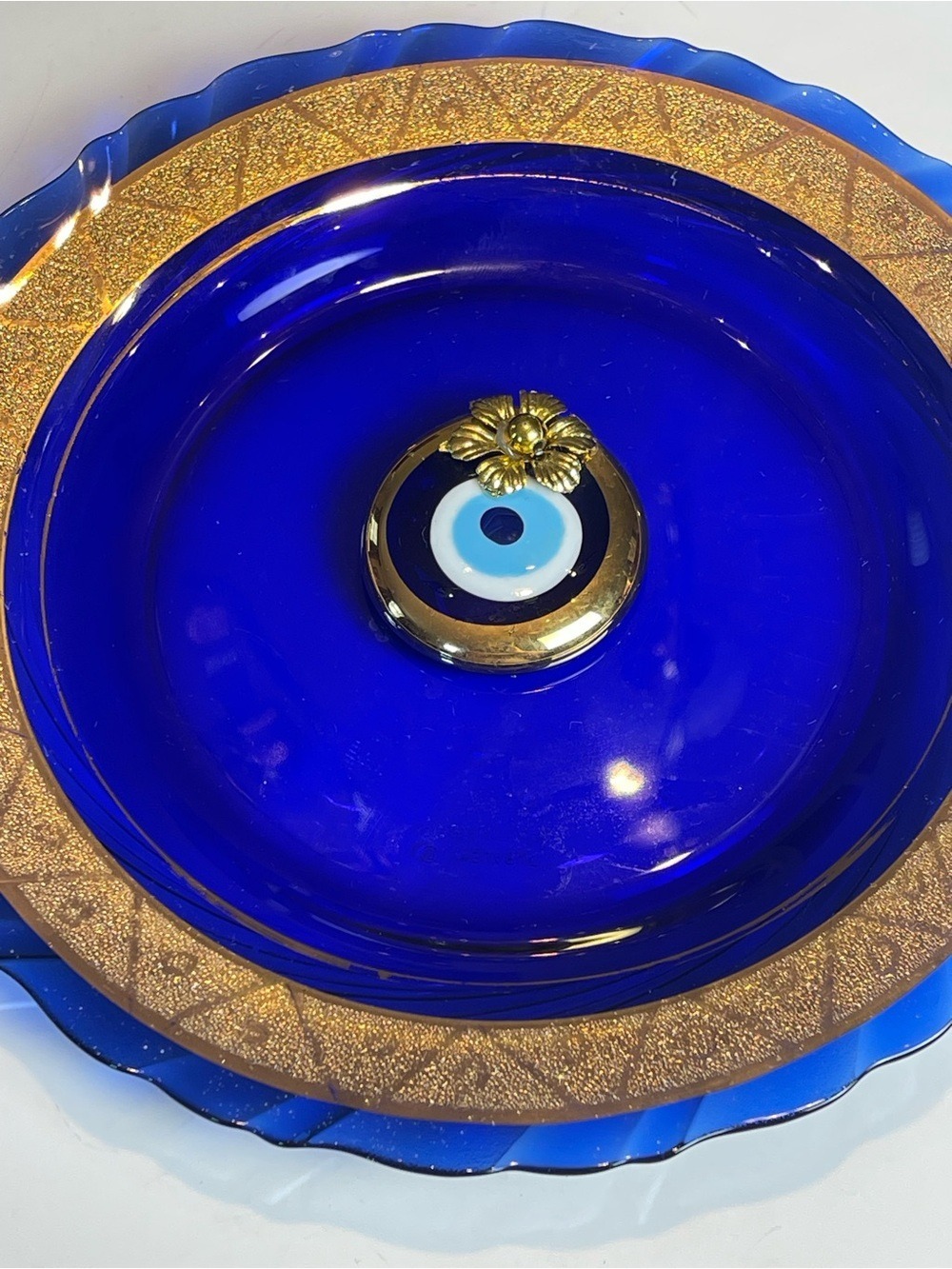 Bormioli Rocco Cobalt Blue Glass Evil Eye Decorative Tray Plate Gold Trim